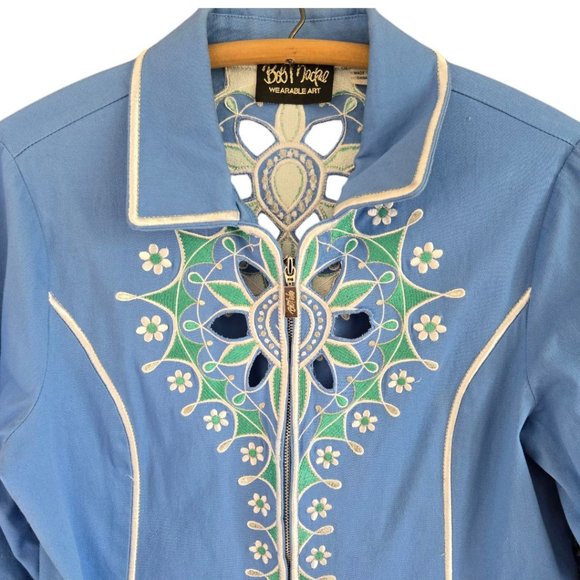 Bob Mackie Wearable Art Blue Medium Embroidered Jacket 3/4 Sleeve Floral - Picture 5 of 11